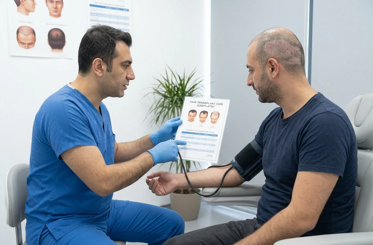 Saç ekimi öncesi doktor ve hasta değerlendirmesi